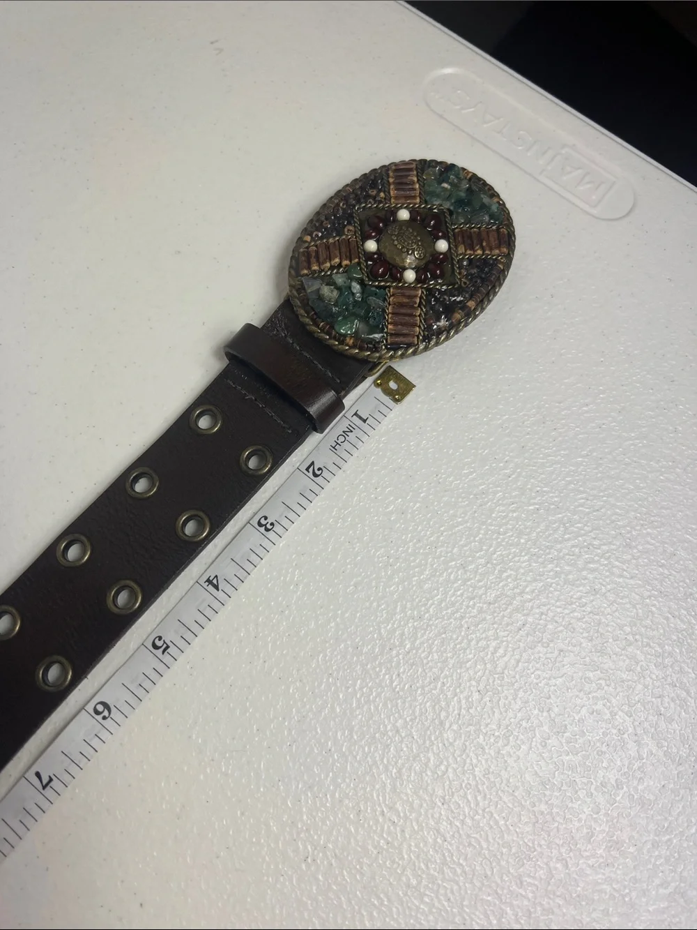 Cabi Sz M Leather Belt Brown Double Grommets Stone/Bead Buckle Vintage